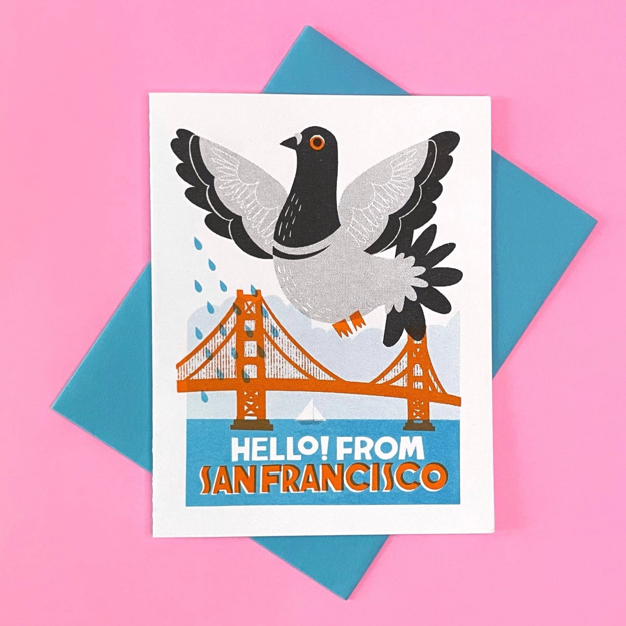 Greeting card with a pigeon and Golden Gate Bridge illustration on a pink background
