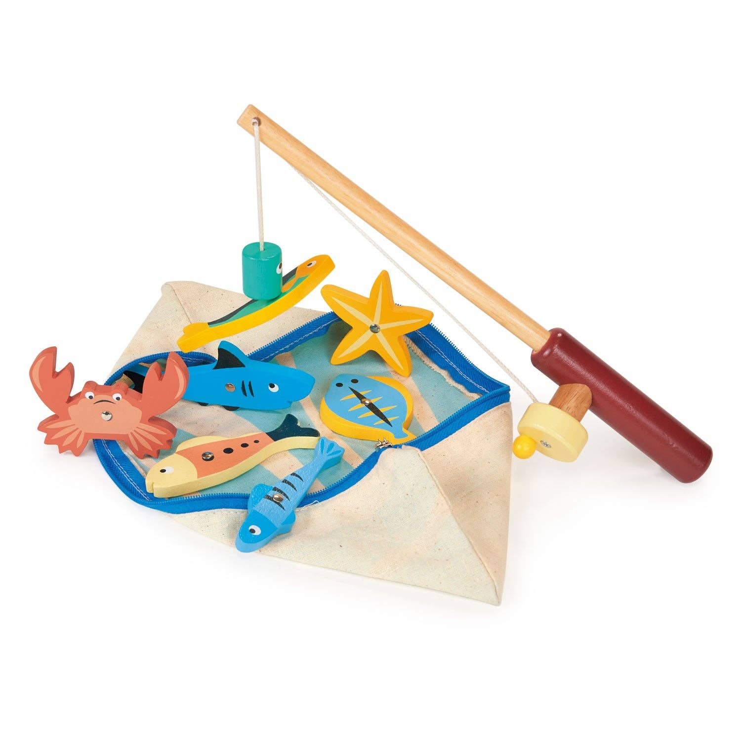 Toy fishing set with colorful fish, a boat, and a fishing rod on a white background