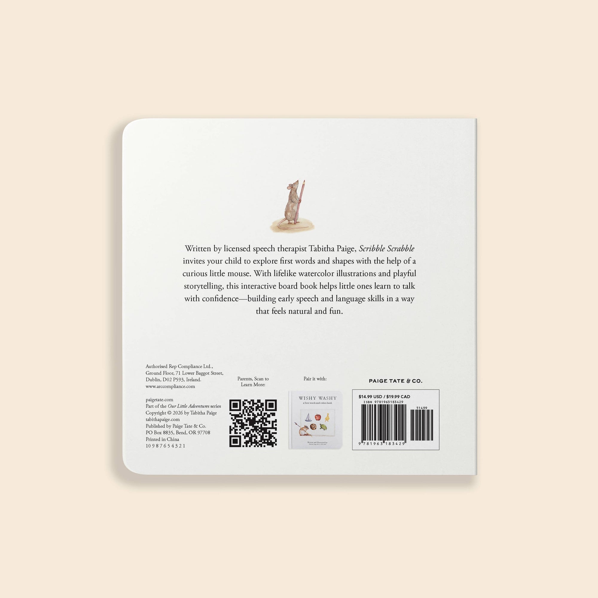 Back cover of a book with text and QR code on a beige background