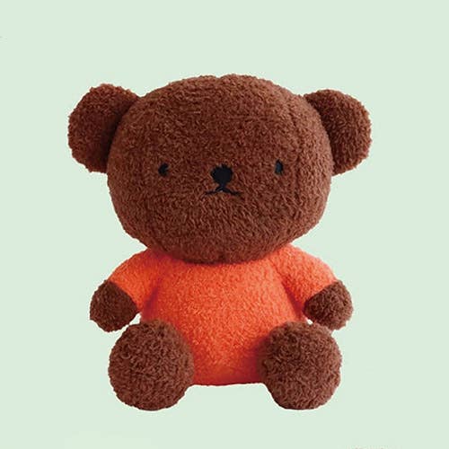 Brown teddy bear with an orange shirt on a light green background