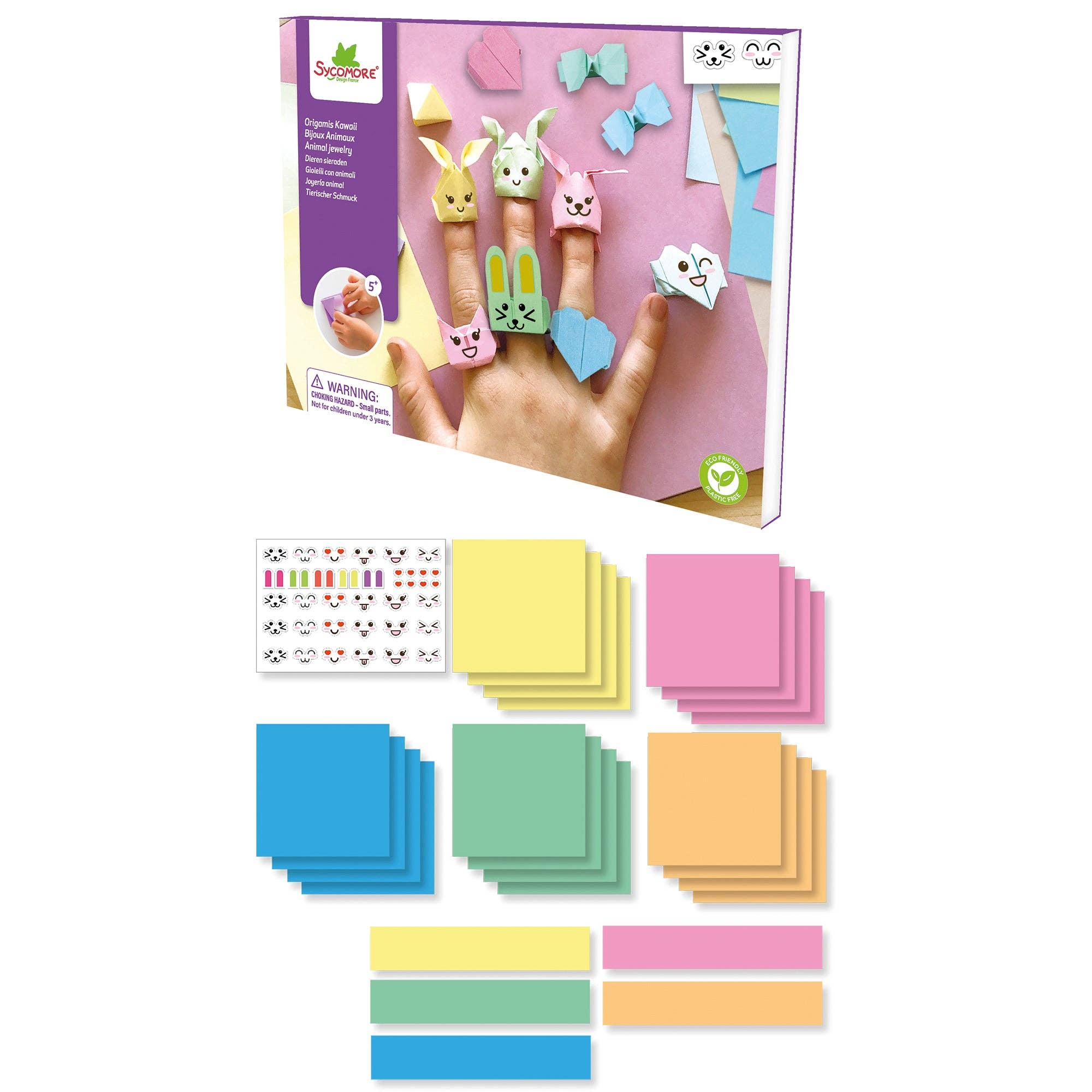 Colorful finger puppet kit with packaging and assorted cards on a white background