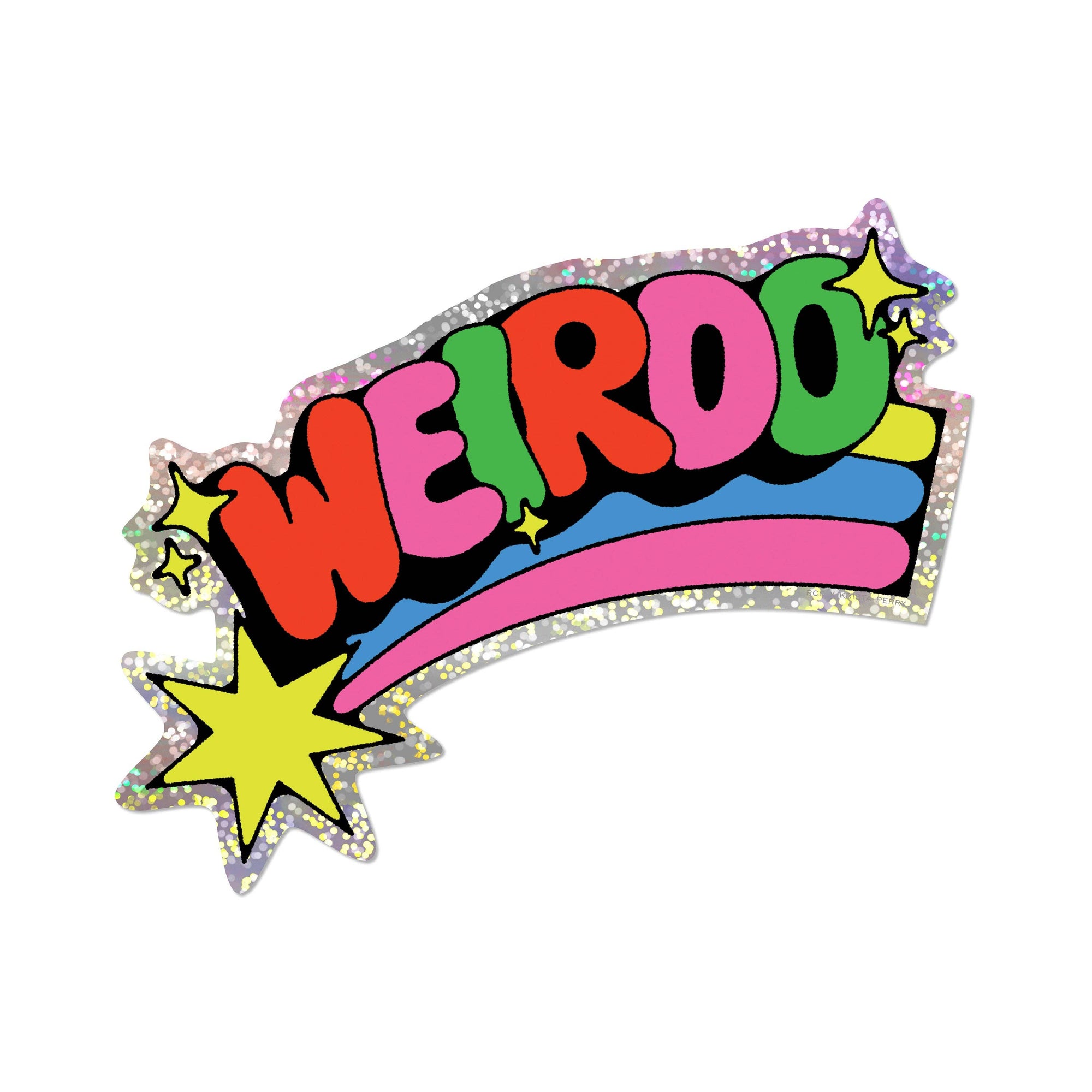 Colorful 'WEIRDO' graphic with stars on a white background
