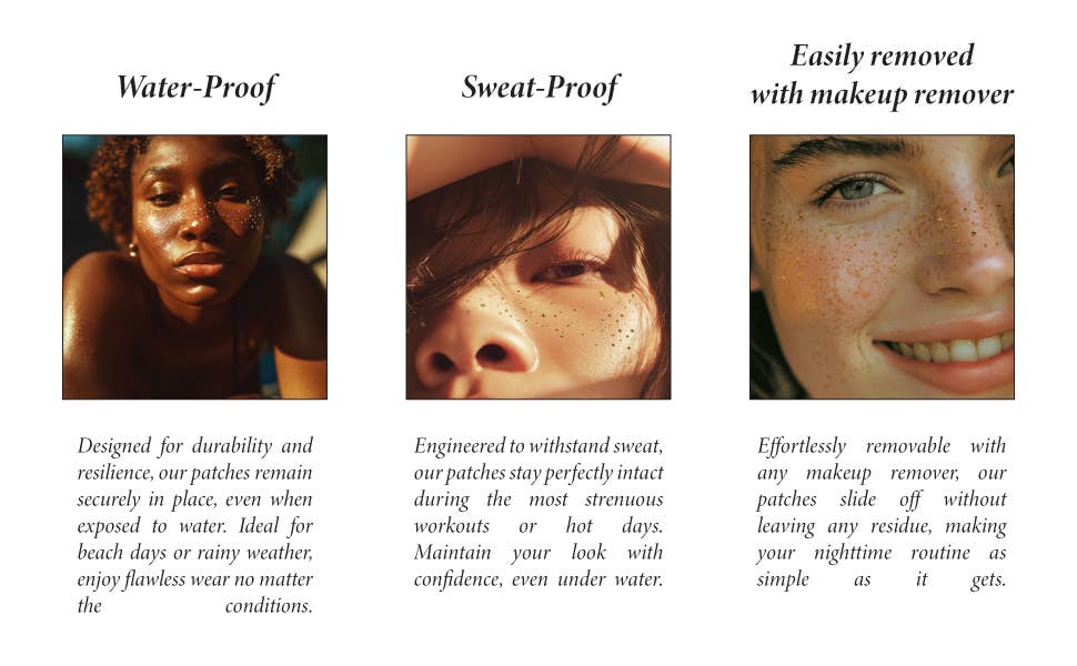 Product advertisement showing water-proof, sweat-proof, and easily removable properties with images of a woman and a person wearing patches.