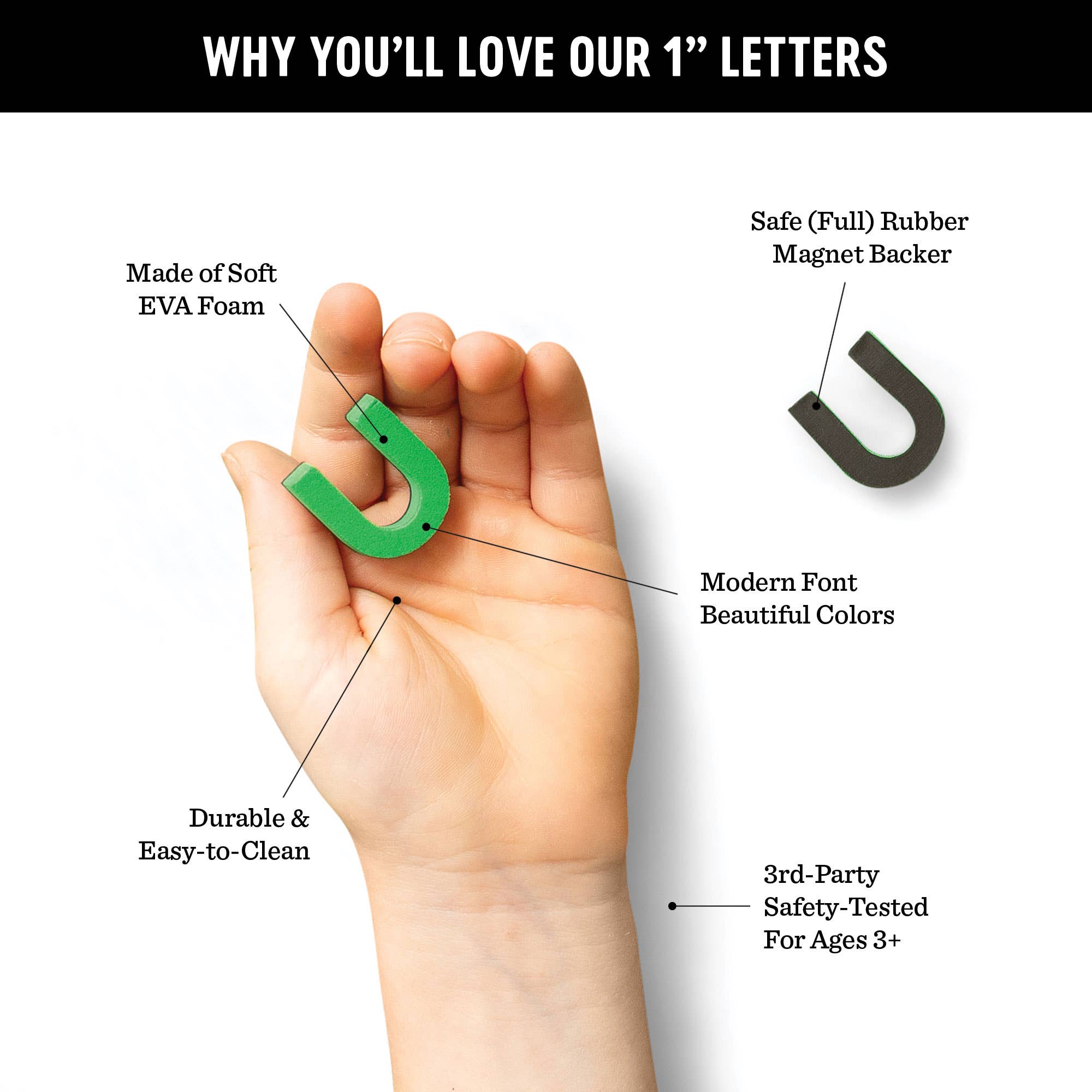 Hand holding a green letter 'U' with text describing features on a white background