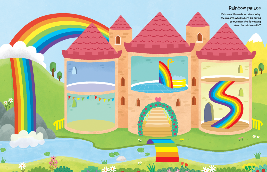 Colorful castle with rainbows and a rainbow bridge in a whimsical landscape.