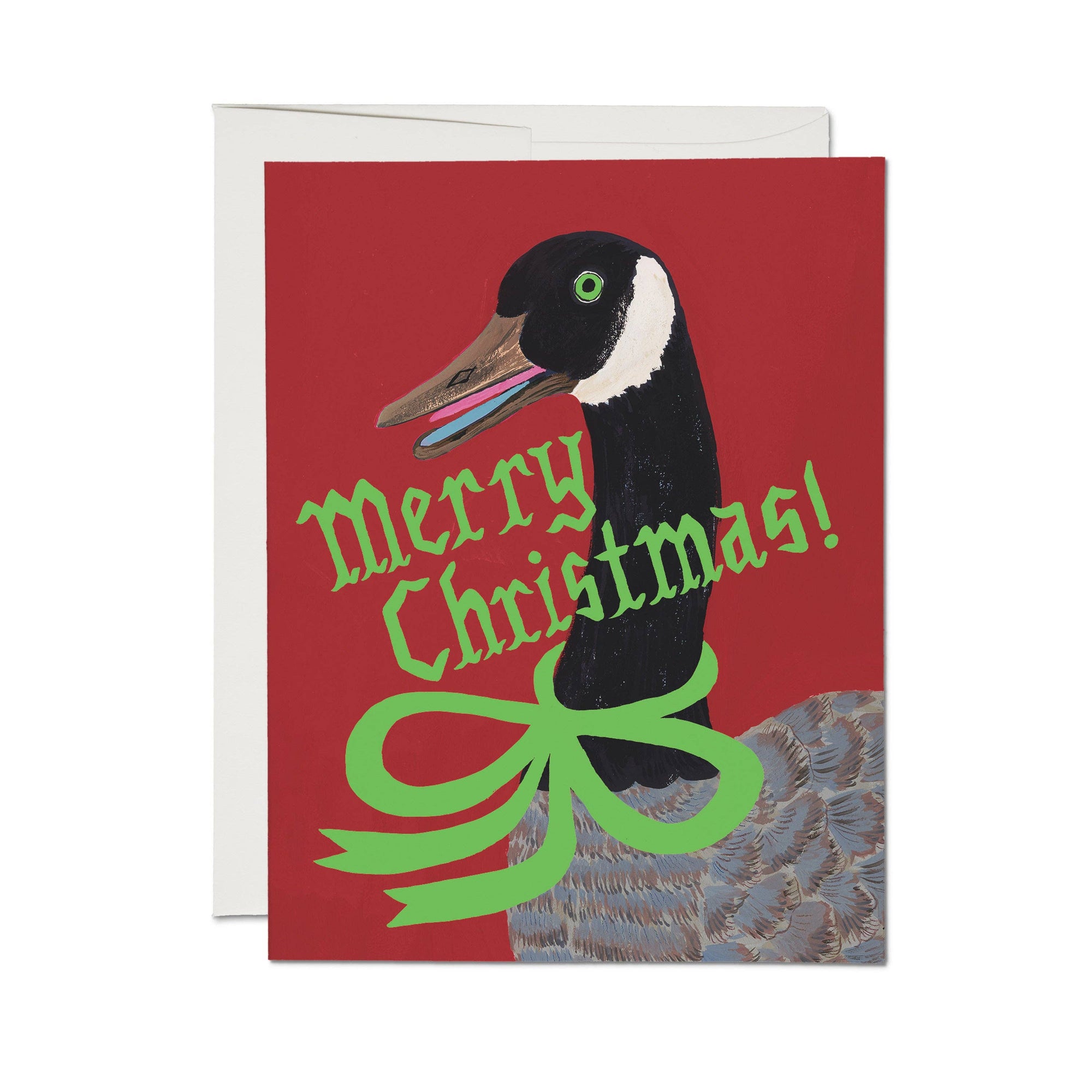 Christmas card with a goose illustration and 'Merry Christmas!' text on a red background