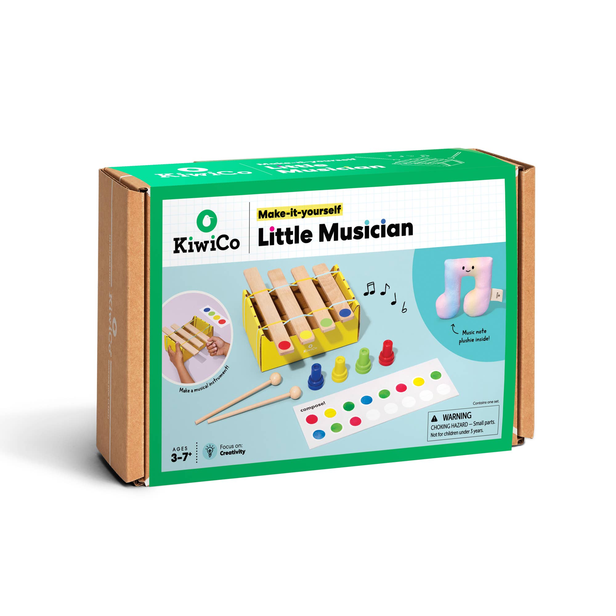 KiwiCo Little Musician make-it-yourself toy kit in its green and white cardboard packaging, shown on a clean white background.