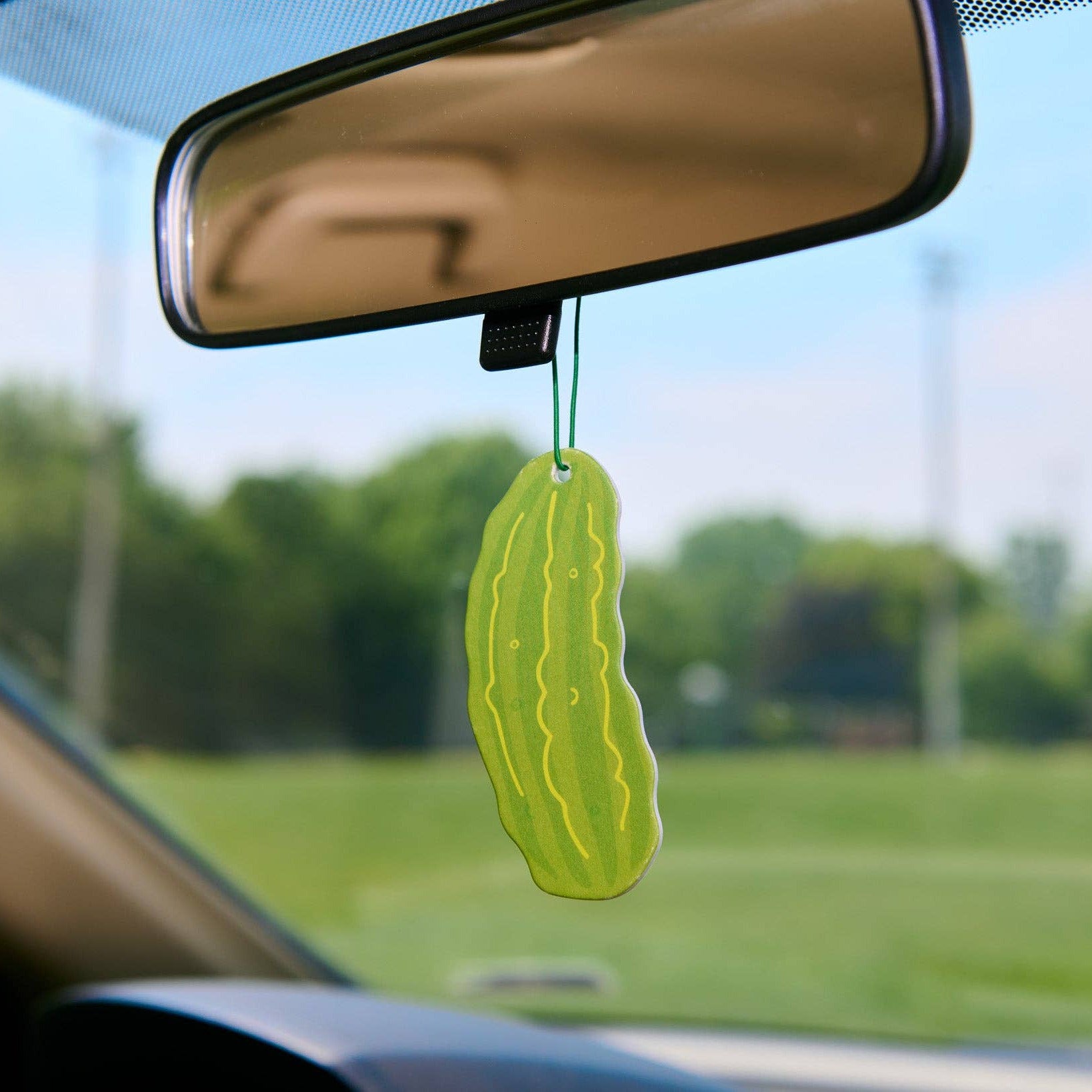Car air freshener shaped like a pickle hanging from a car's rearview mirror with a blurred outdoor background.