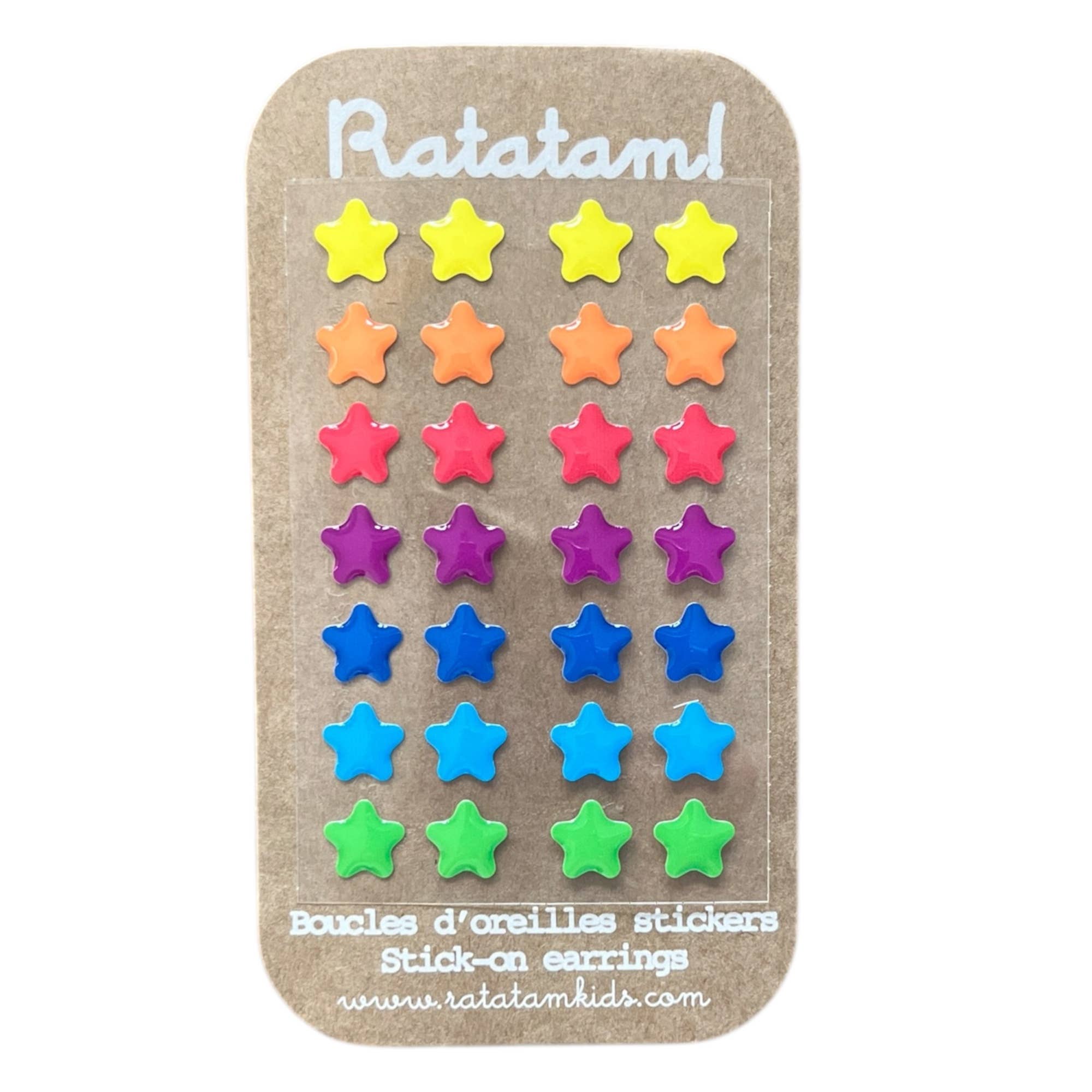 Pack of colorful star-shaped stick-on earrings by Ratatam on a cardboard backing.