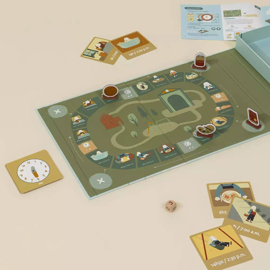 Board game setup with cards and pieces on a beige surface