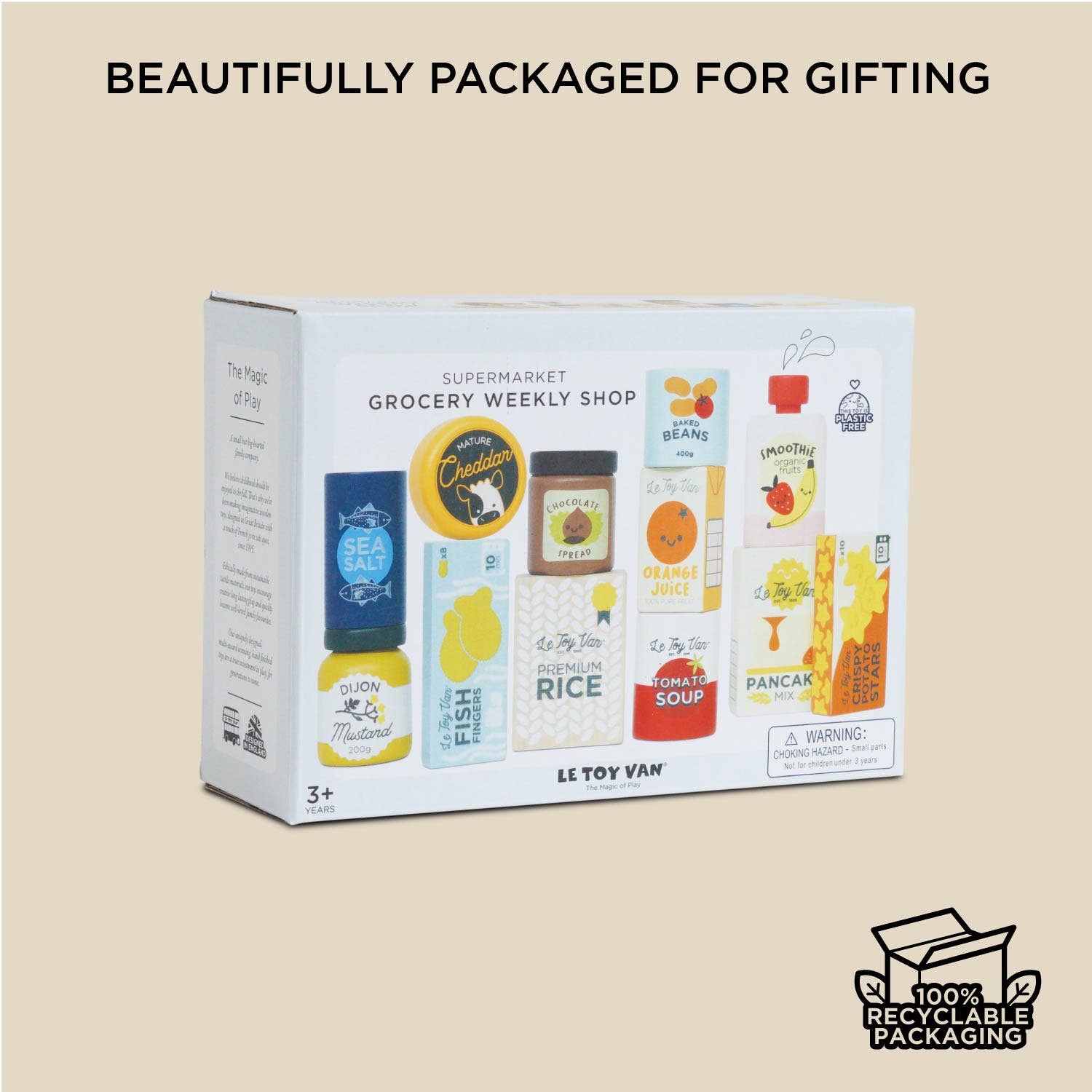 Box of grocery items with branding and recycling information on a beige background