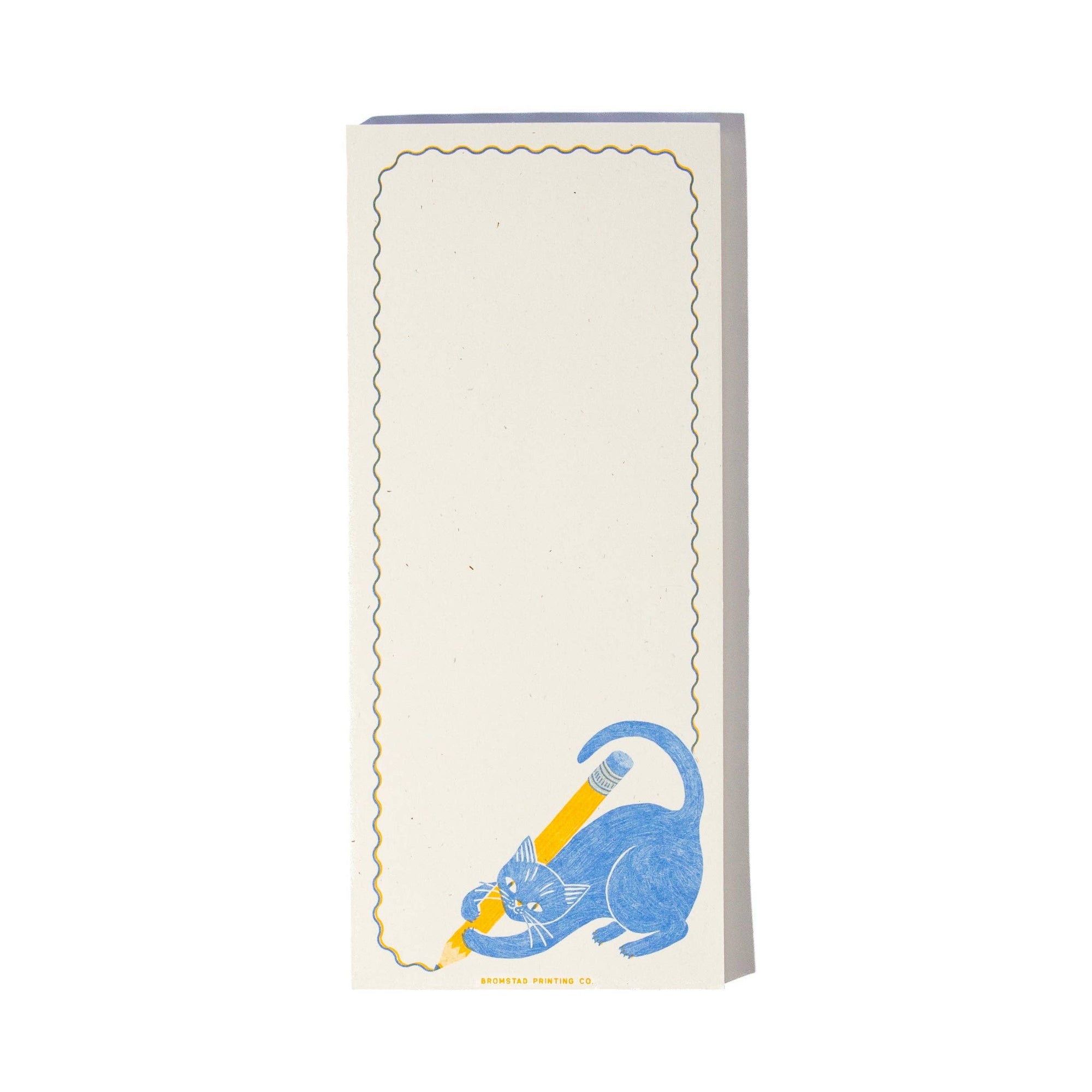 Notepad with a blue cat illustration holding a yellow pencil on a white background