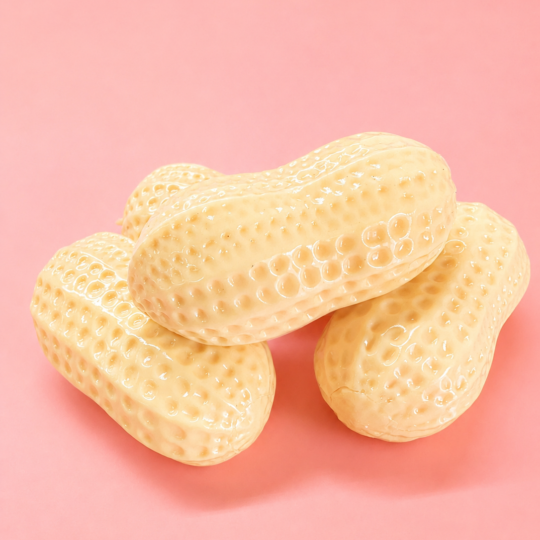 Three peanut squishies on a pink background