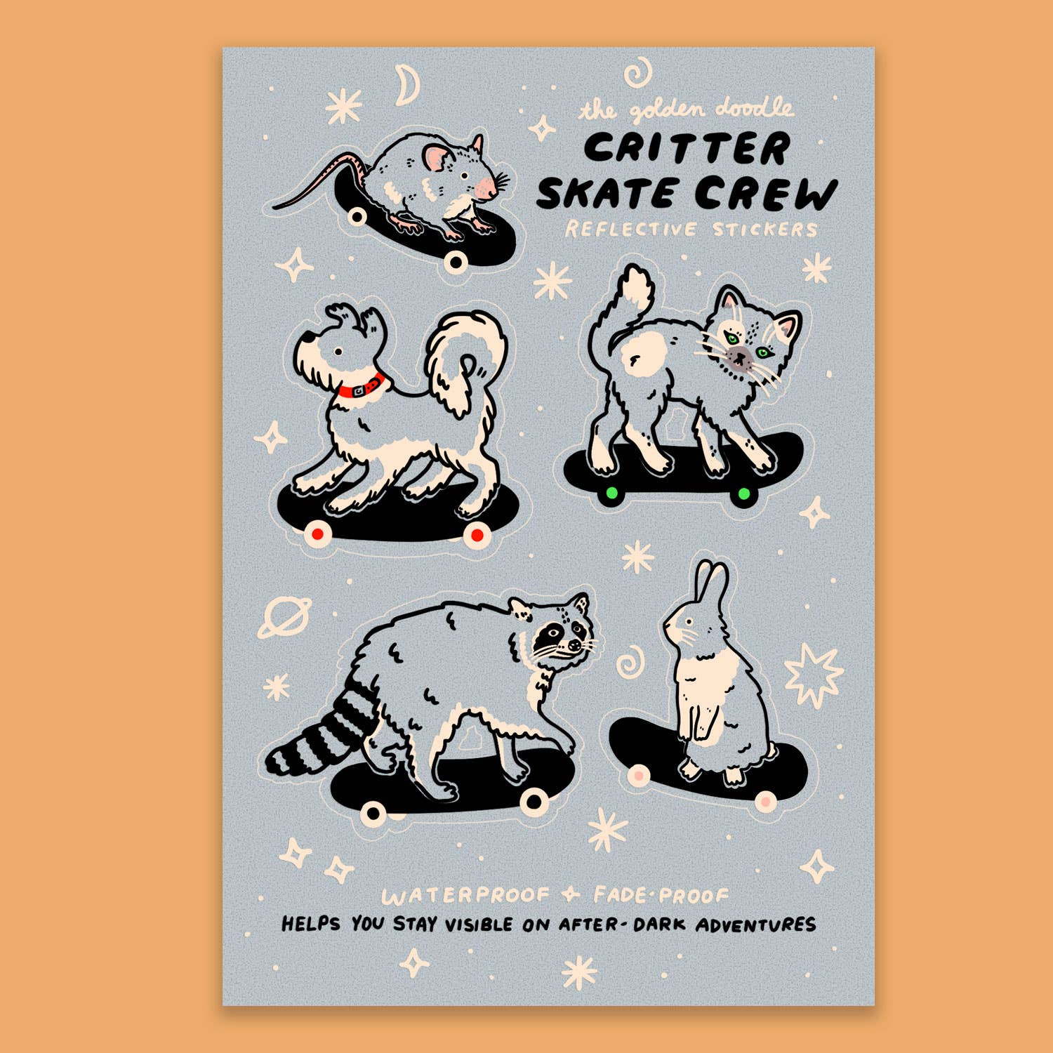 Packaging of Critter Skate Crew reflective stickers with illustrations of animals on skateboards.