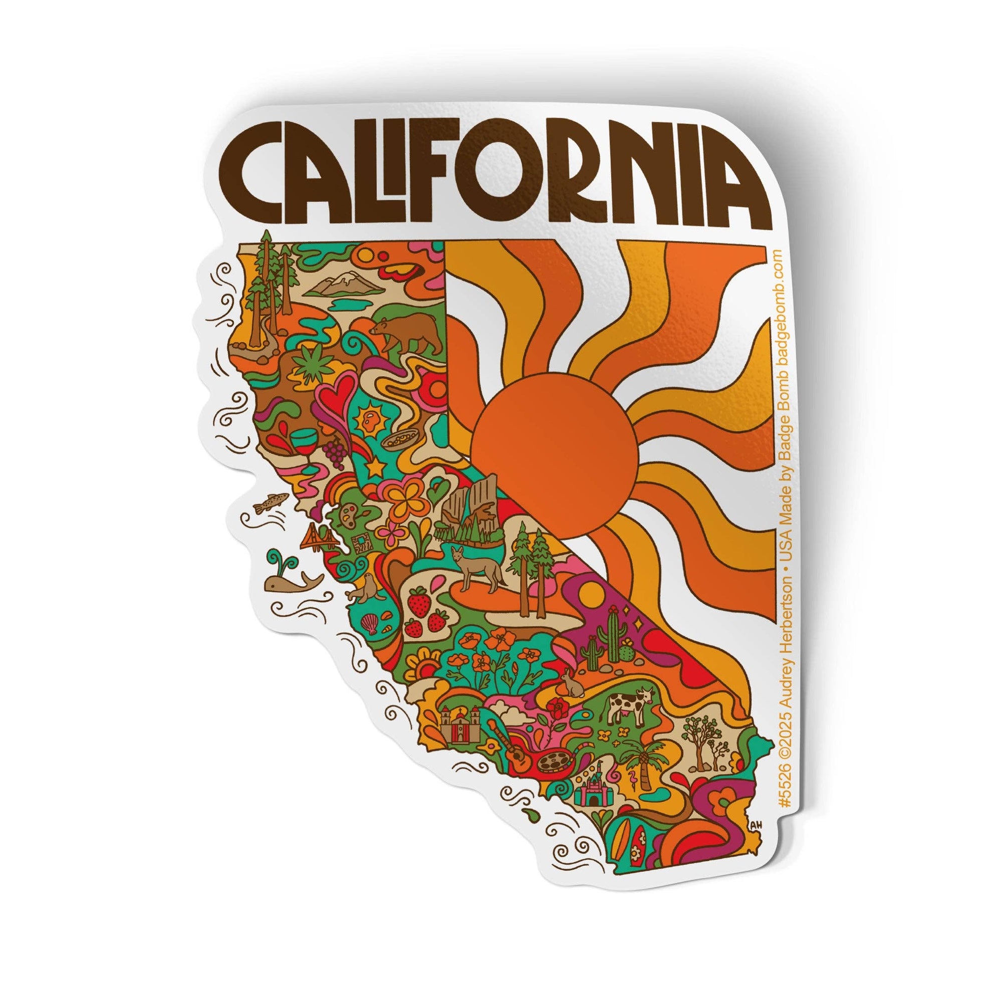 Colorful sticker of California with a sun and various symbols on a white background