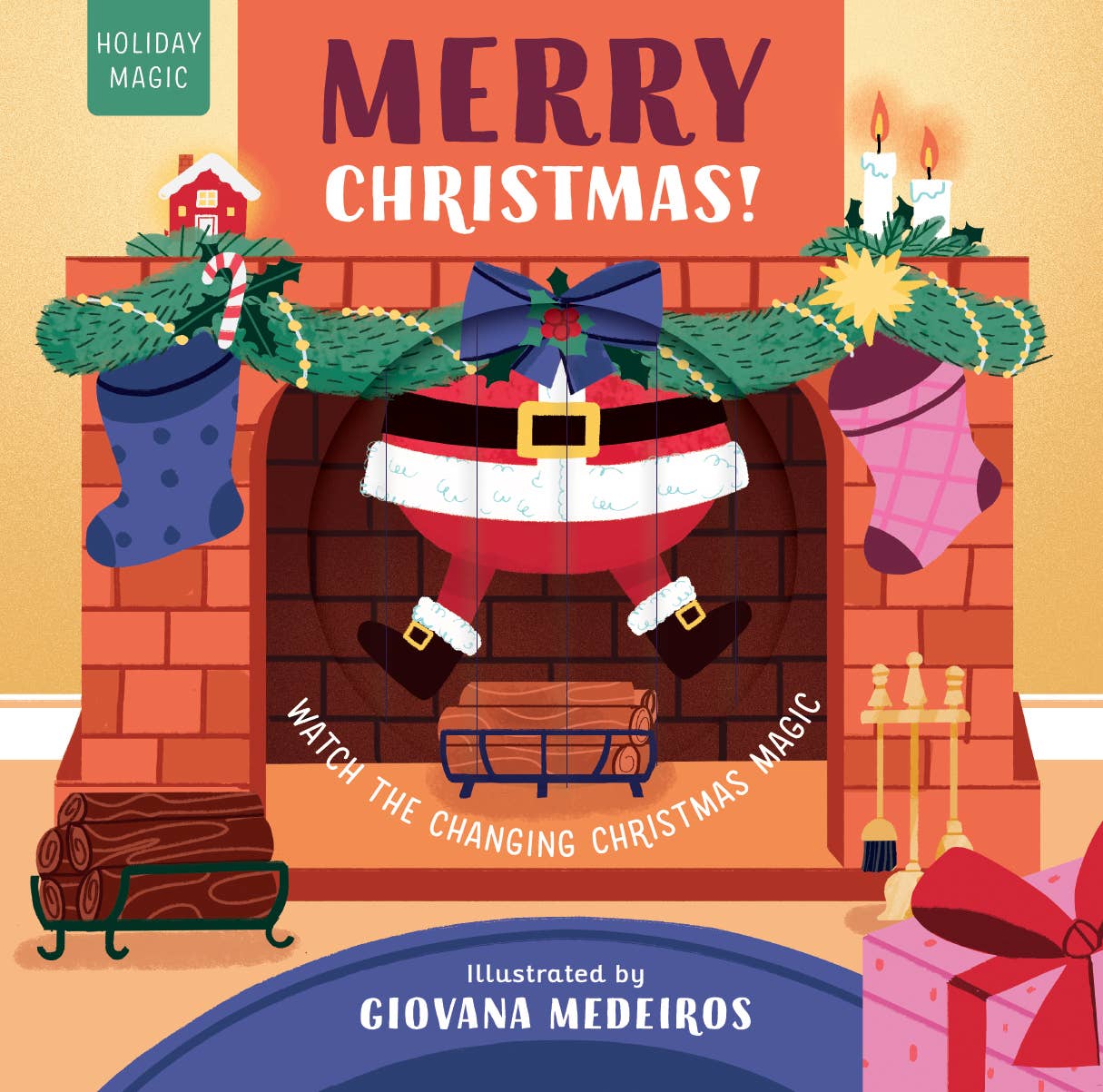 Illustrated Christmas scene with Santa Claus in a fireplace, stockings, and presents.