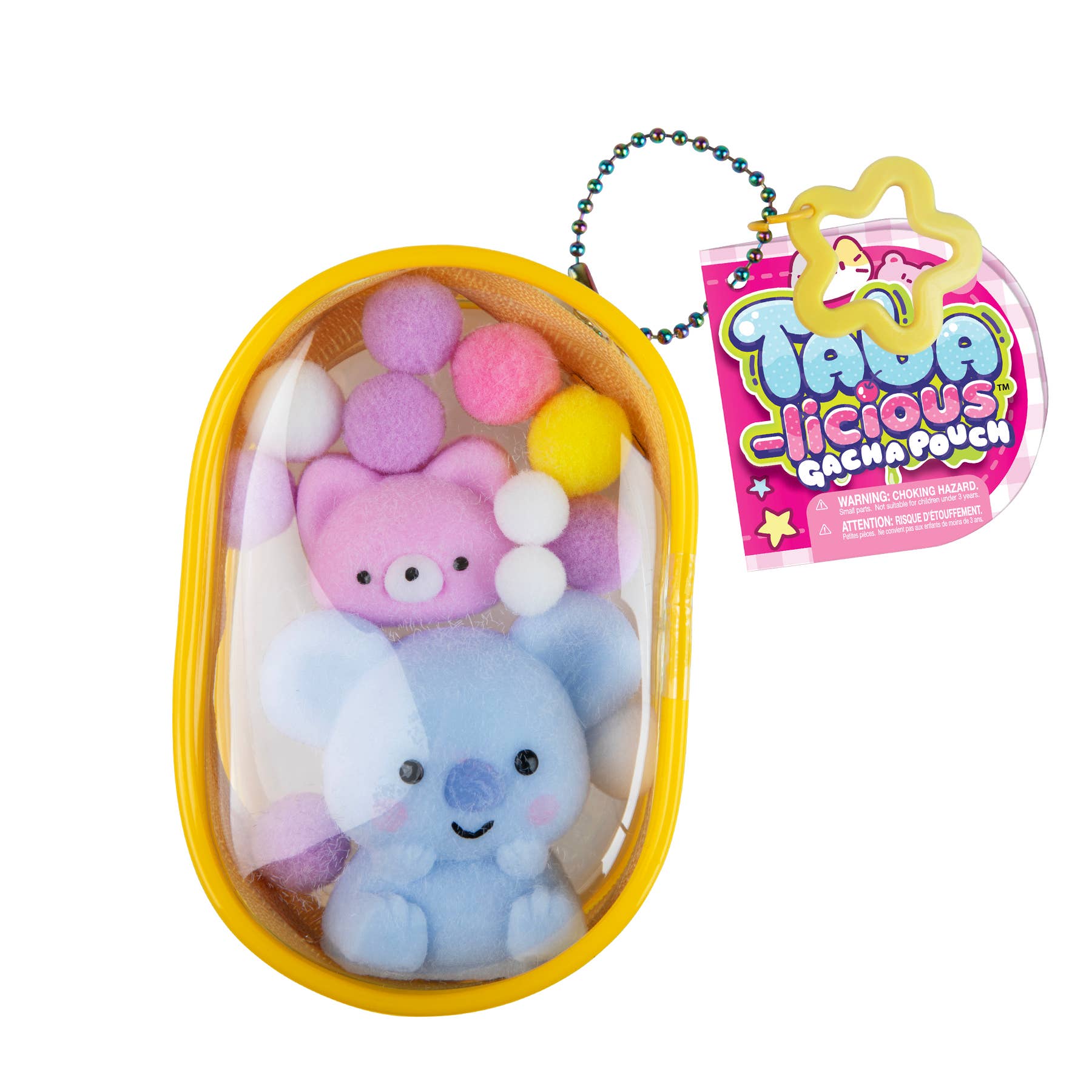 Squishy toys in a yellow pouch with a Tala tag on a white background
