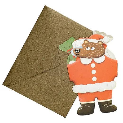 Card with a bear in a Santa outfit and an envelope on a white background