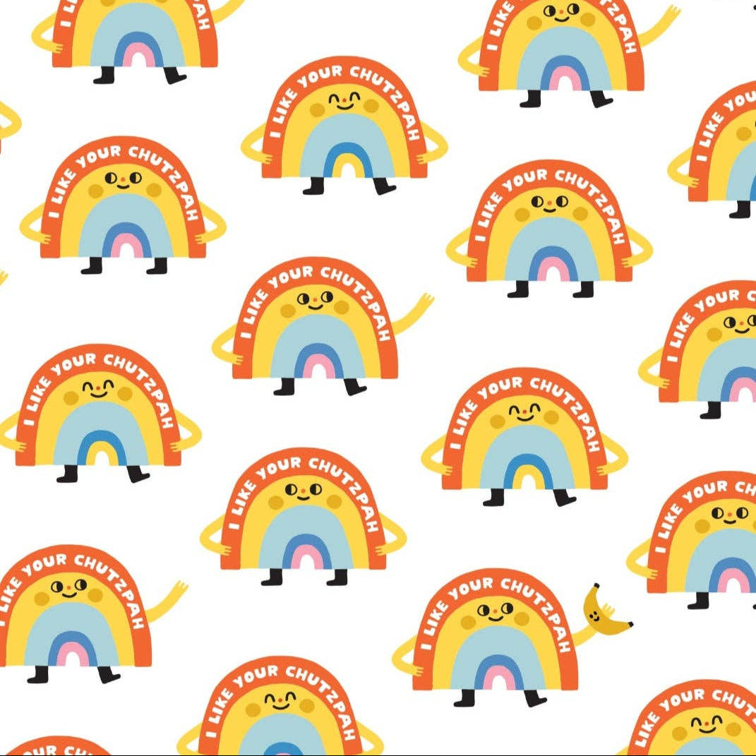 Pattern of colorful rainbows and cartoon characters with text on a white background