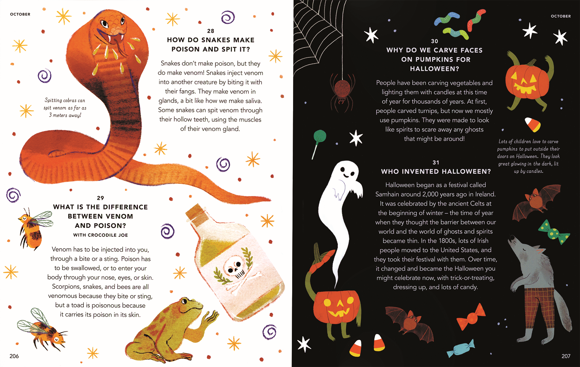 Children's book pages with educational content on snakes, venom, and Halloween traditions.