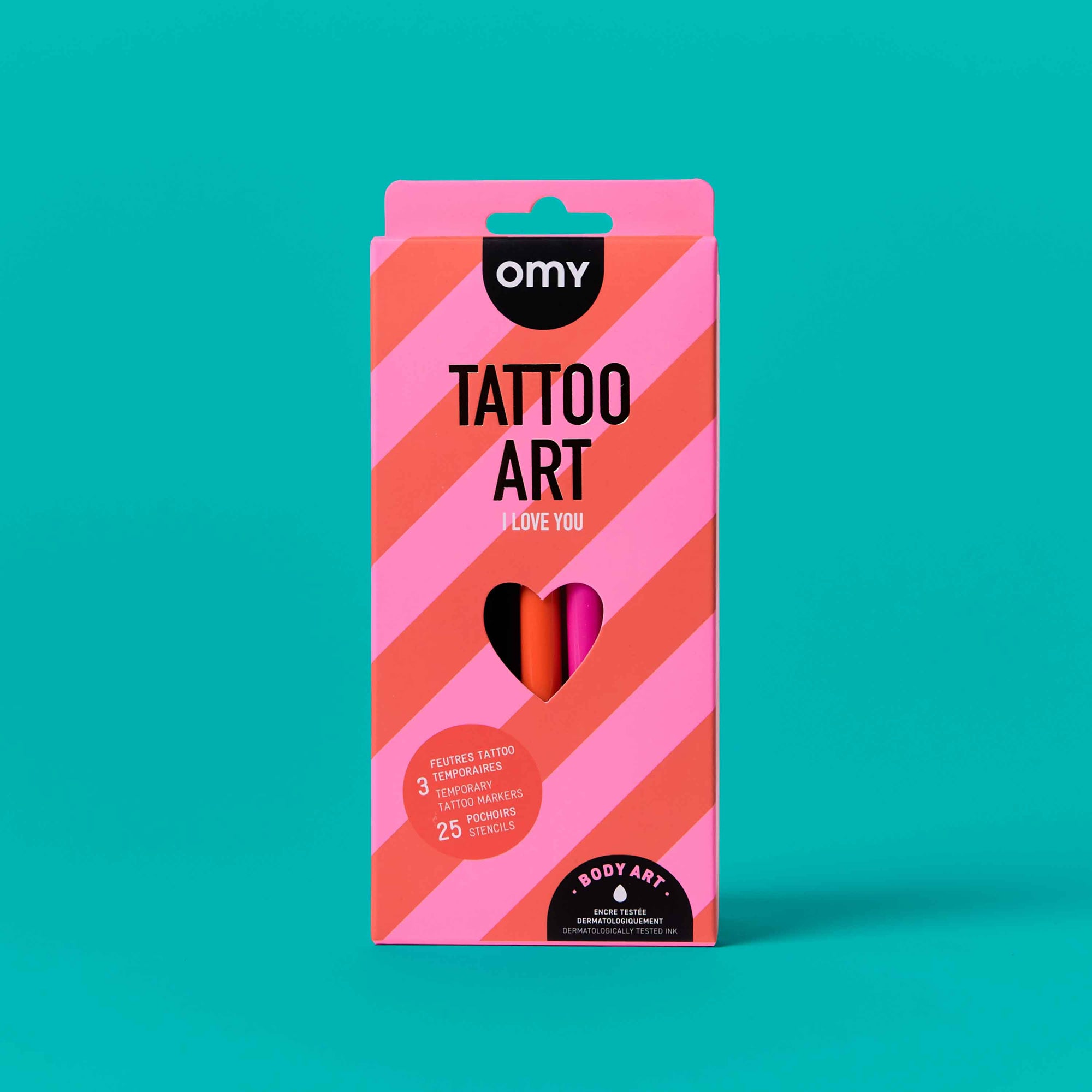 Packaging of OMY Tattoo Art on a teal background
