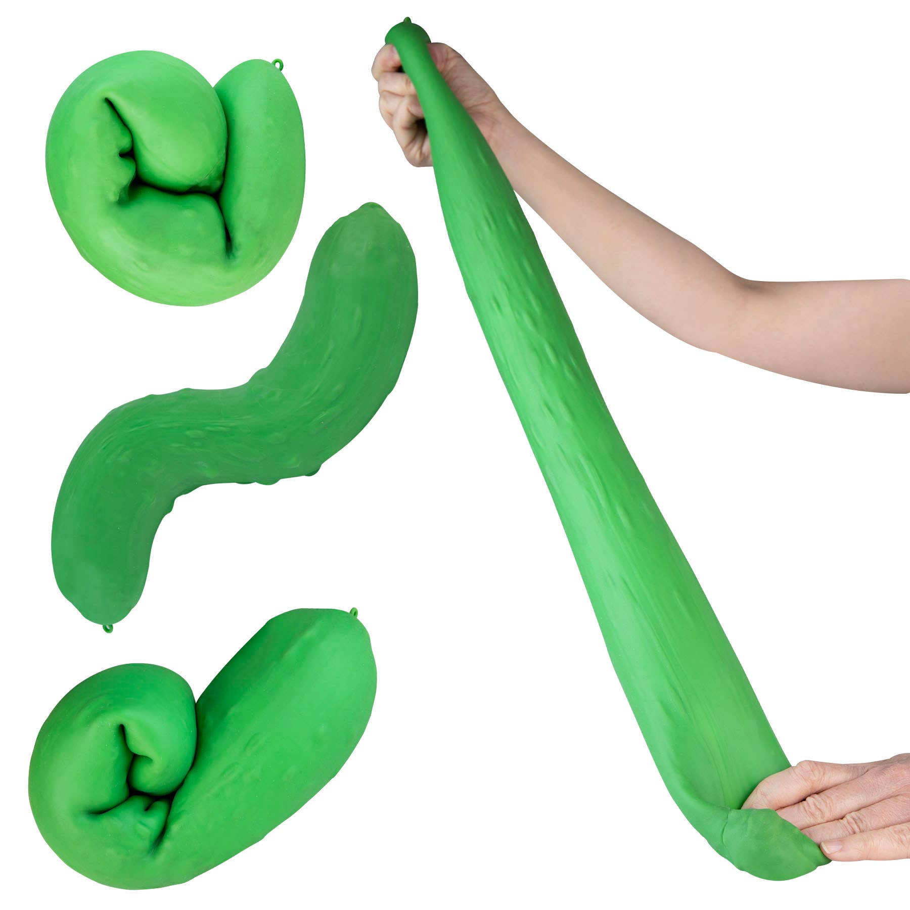 Green toy being stretched by a hand on a white background