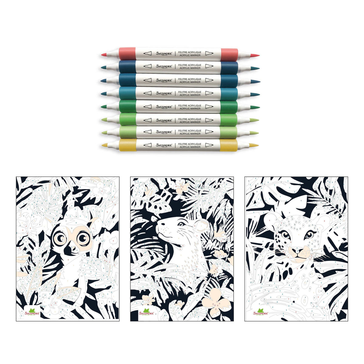 Set of coloring books with animal illustrations and markers on a white background