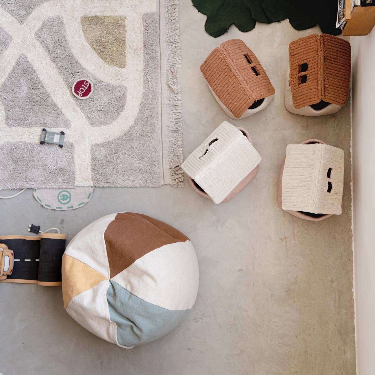 Pouffe Natural & Vintage Blue Beach Ball Shaped