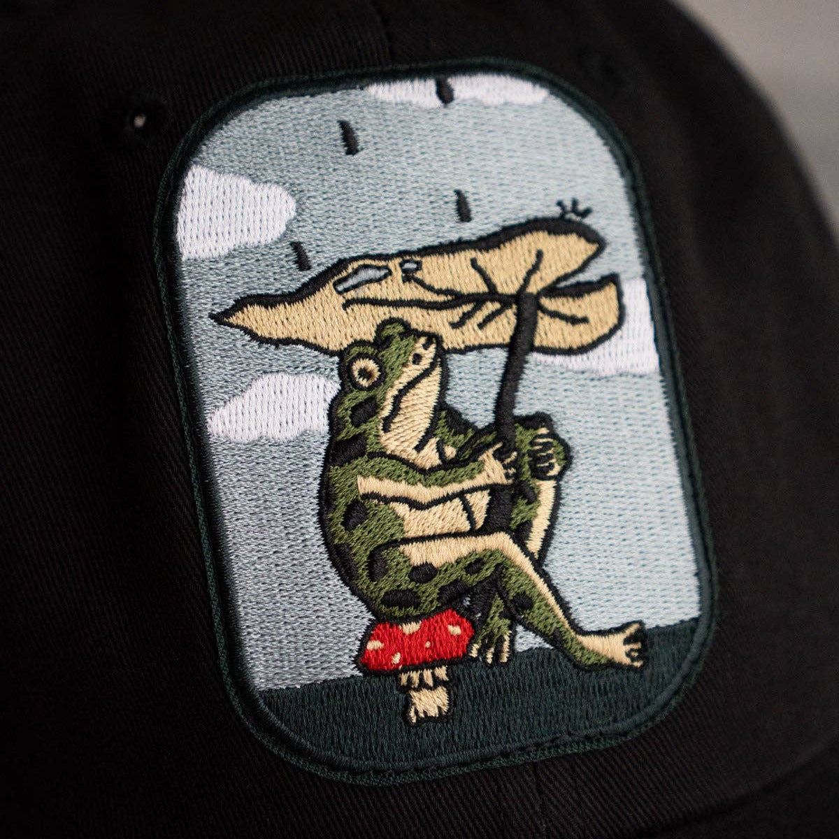 Black cap with a embroidered patch of a frog holding an umbrella and a red strawberry.