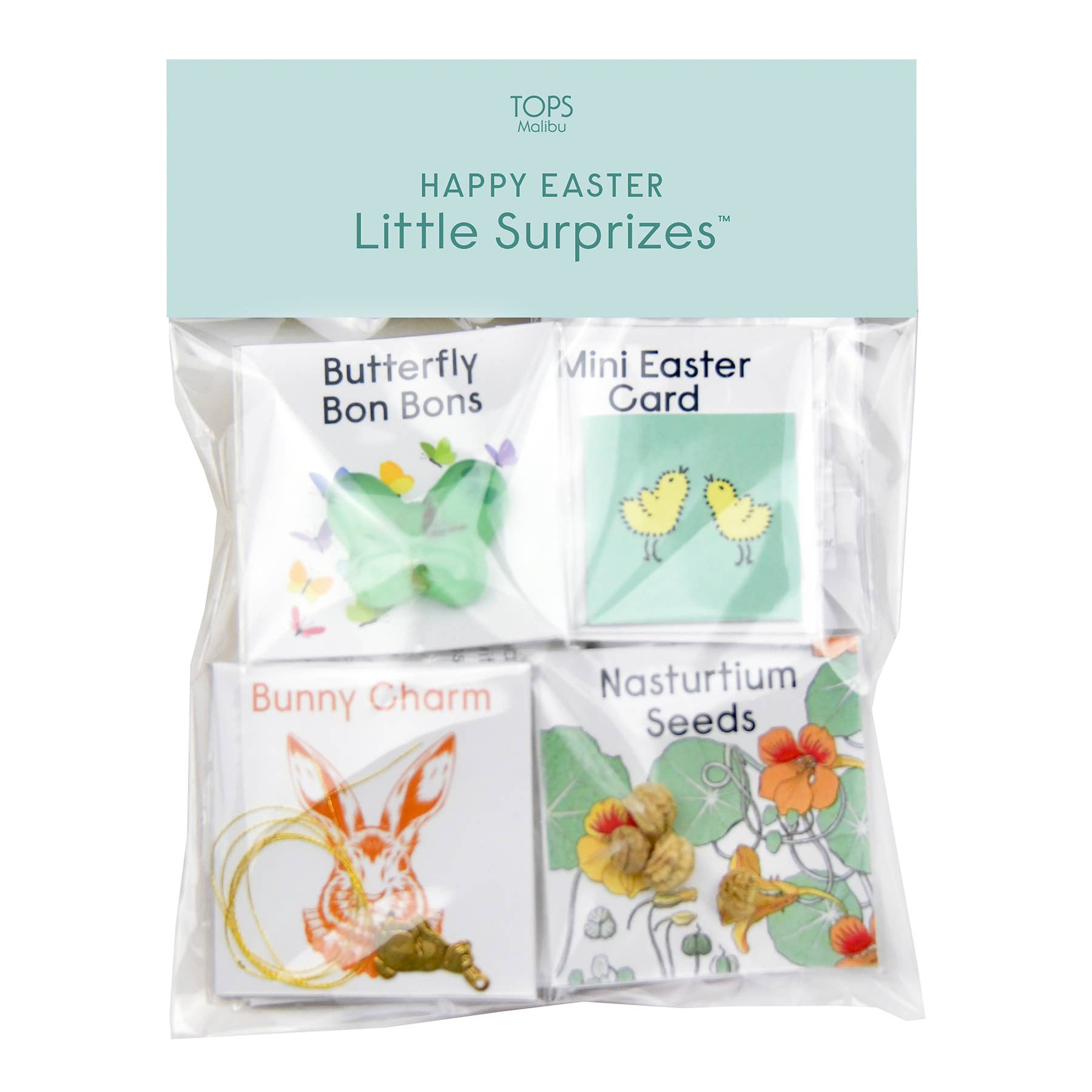 Packaged Easter treats with butterfly bonbons, mini Easter card, bunny charm, and nasturtium seeds on a light blue background.