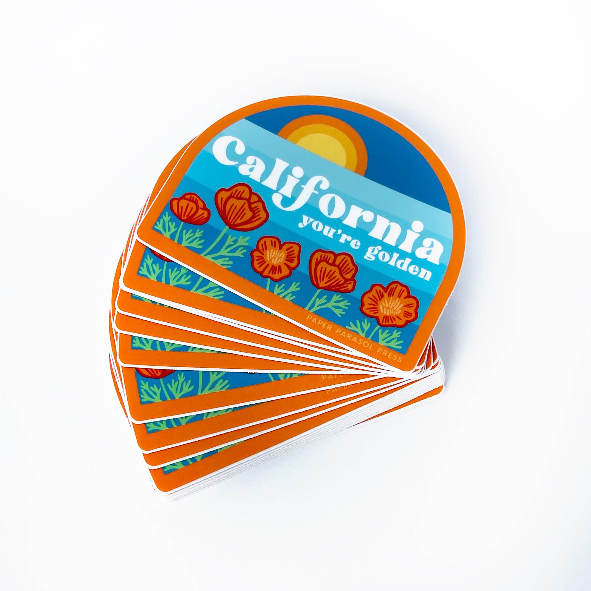 Card with 'California you're golden' text and sunflower design on a white background