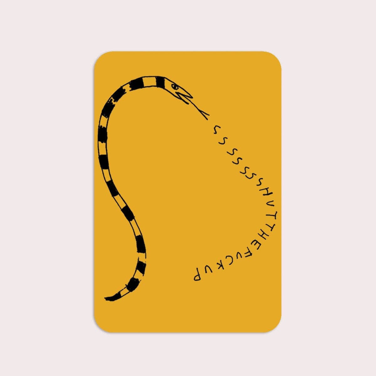 Yellow card with a black snake illustration and text on a beige background