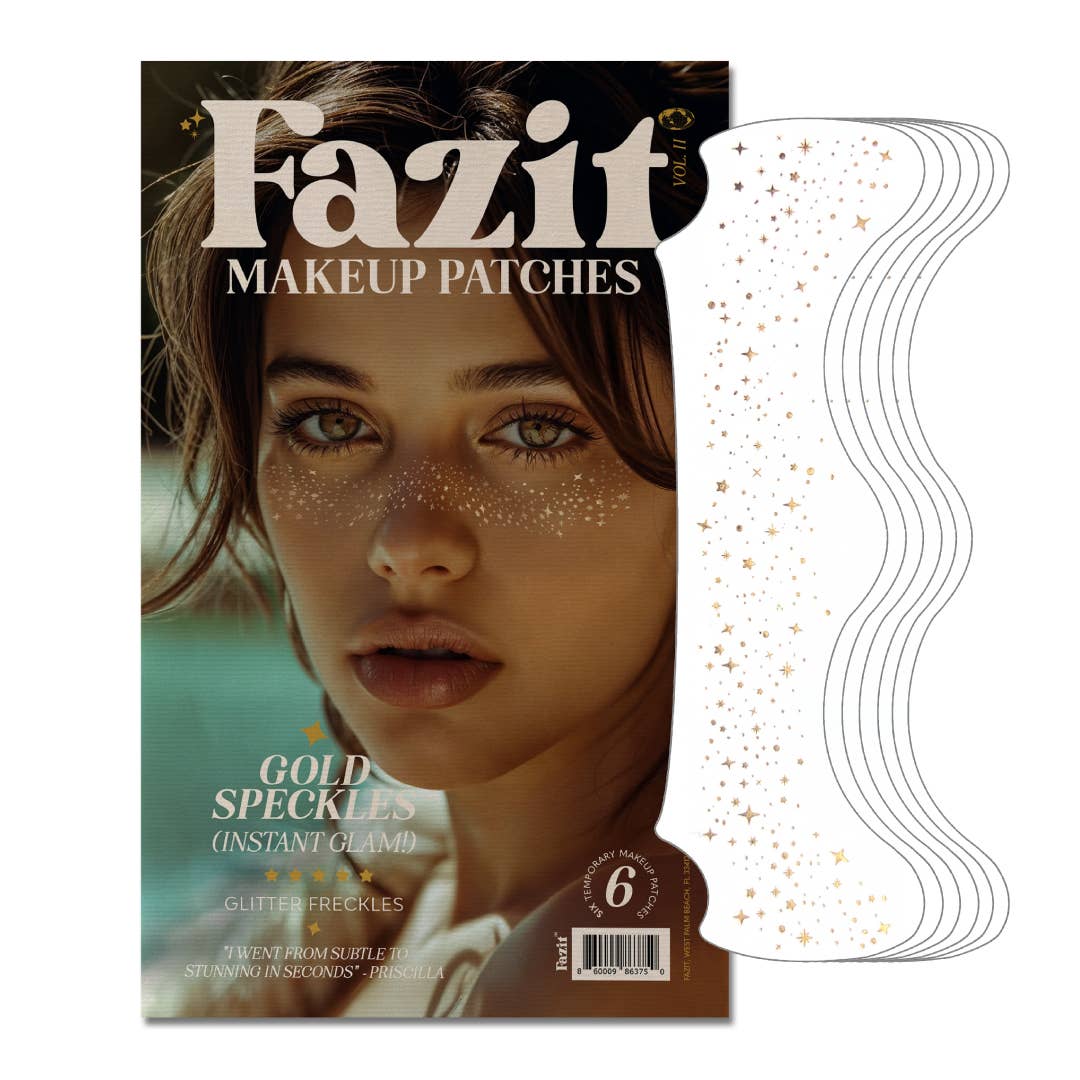 Fazit makeup patches packaging with a model wearing gold speckles on a white background