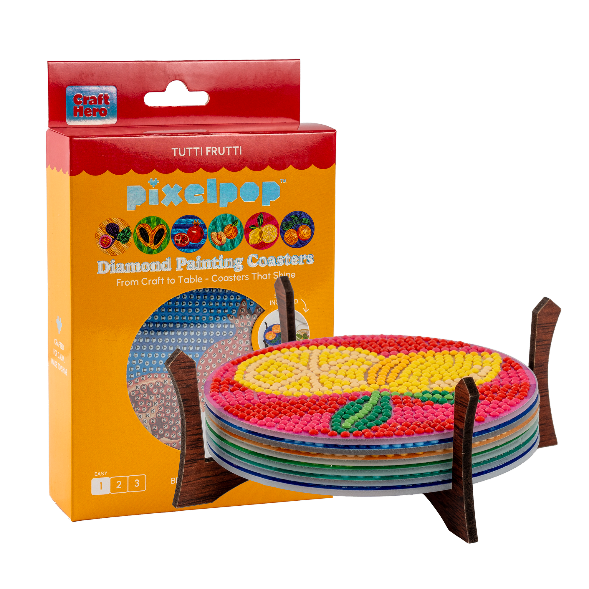 Pixel pop diamond painting coasters with packaging on a white background