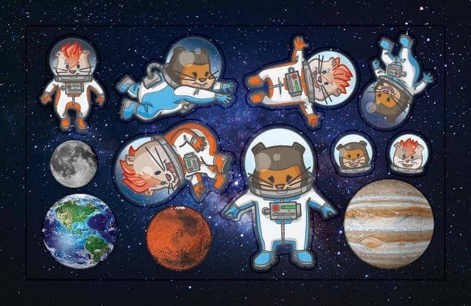 Collection of space-themed stickers featuring cartoon characters in astronaut outfits on a starry background.