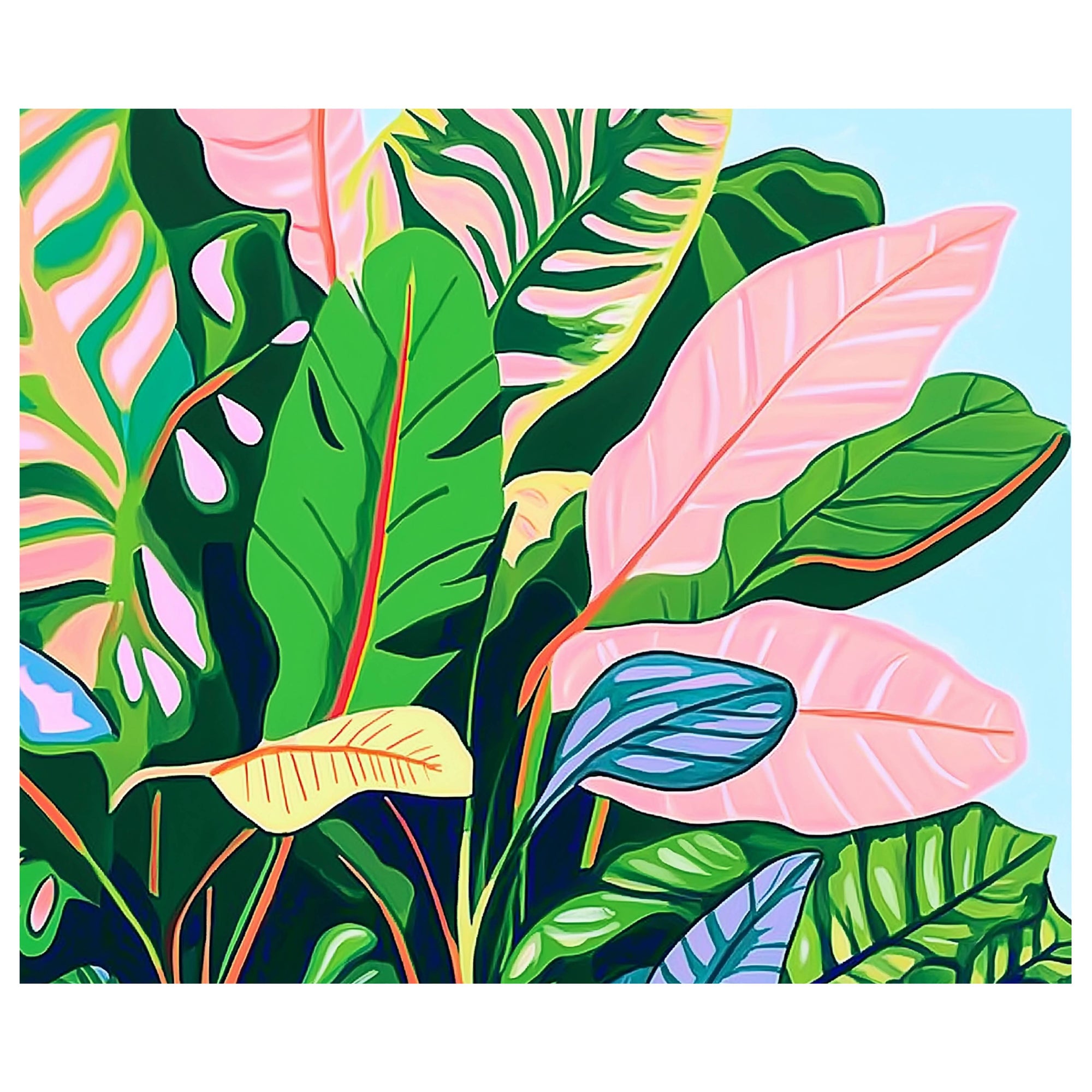 Colorful tropical leaf pattern on a blue background