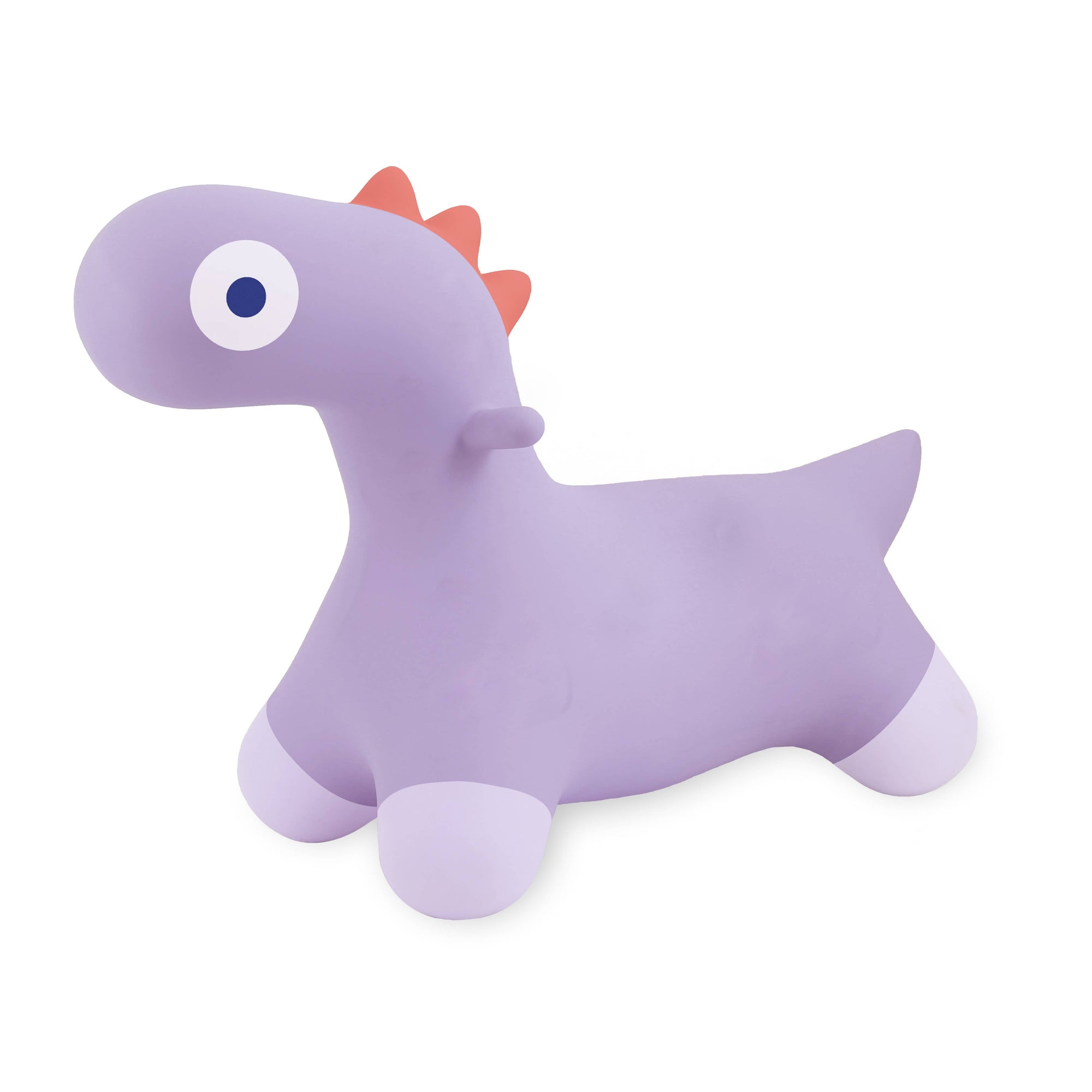 Purple dinosaur toy with a red horn on a white background