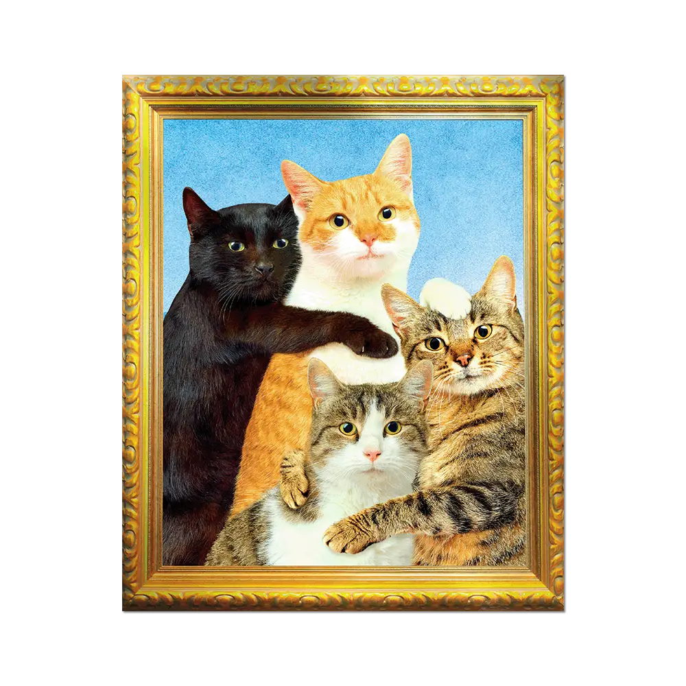 A framed canvas art print featuring four cats posed together in a classical painting style against a light blue background, enclosed in an ornate gold frame.