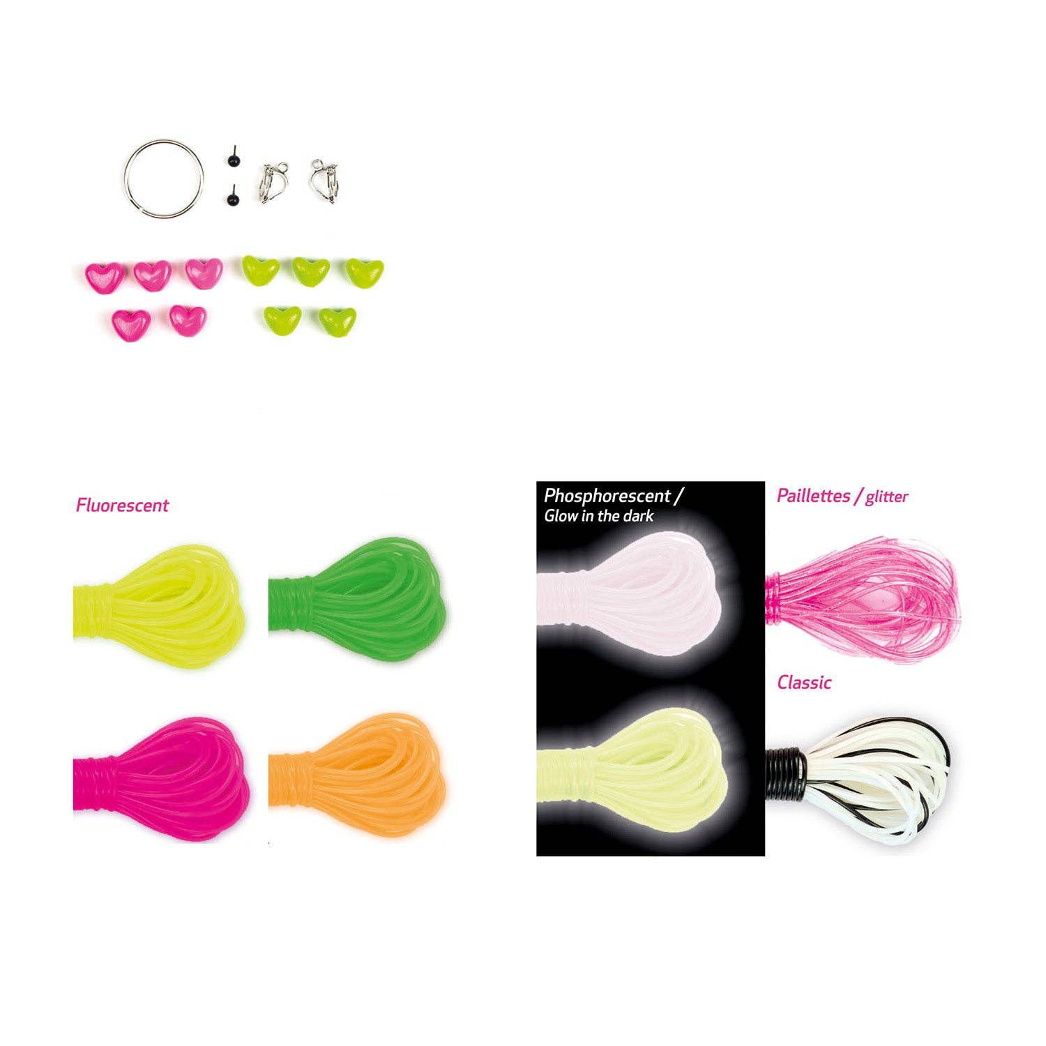 Collection of fishing lures and accessories with different colors and types on a white background.