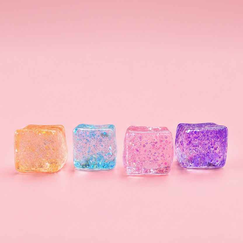 Four translucent glittery ice cube-shaped ornaments in orange, blue, pink, and purple, lined up on a solid pink background.