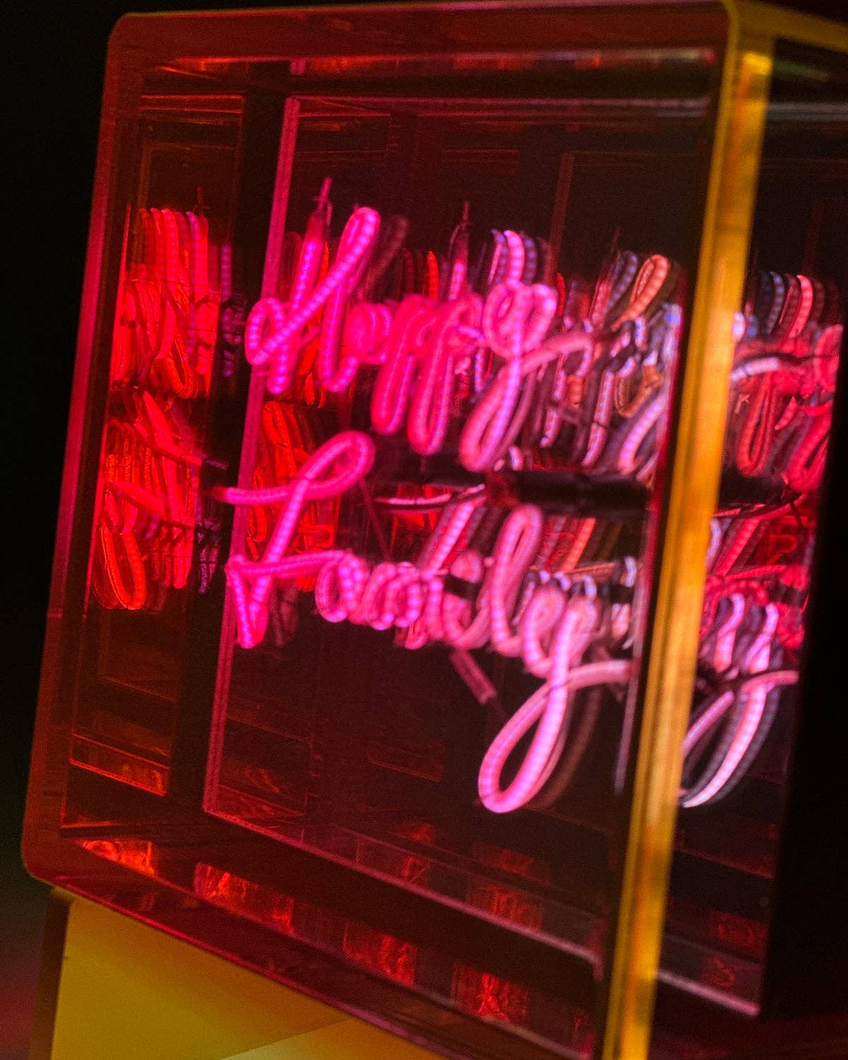 Neon sign with 'Happy Family' text on a dark background