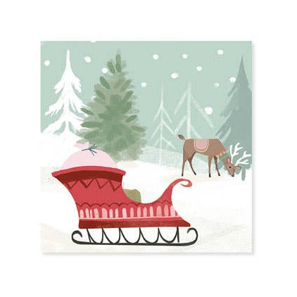 Christmas-themed design with a red sleigh, green tree, and deer on a light blue background.
