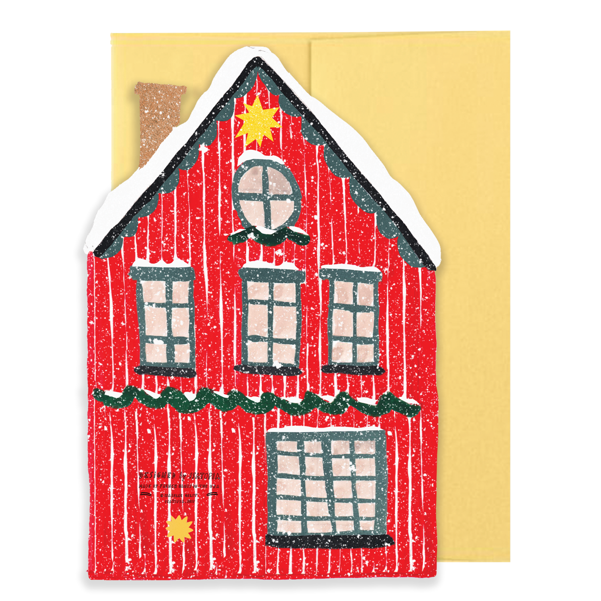 Red house-shaped card with a yellow envelope