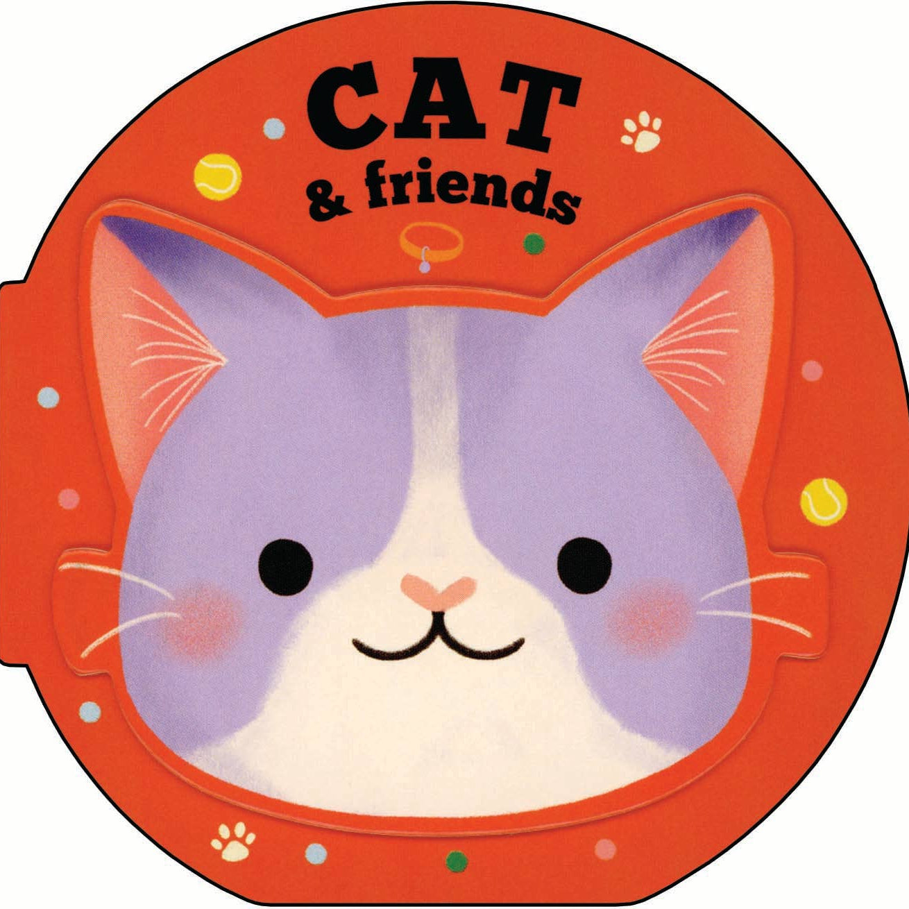 Circular design with a cat face and 'CAT & friends' text on an orange background