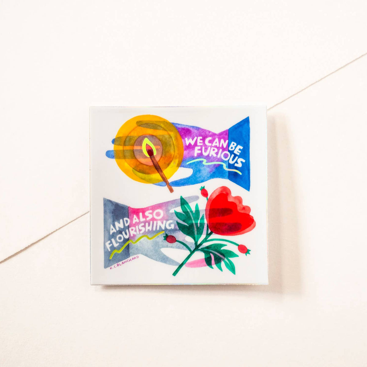 Colorful card with artistic design and text on a white background