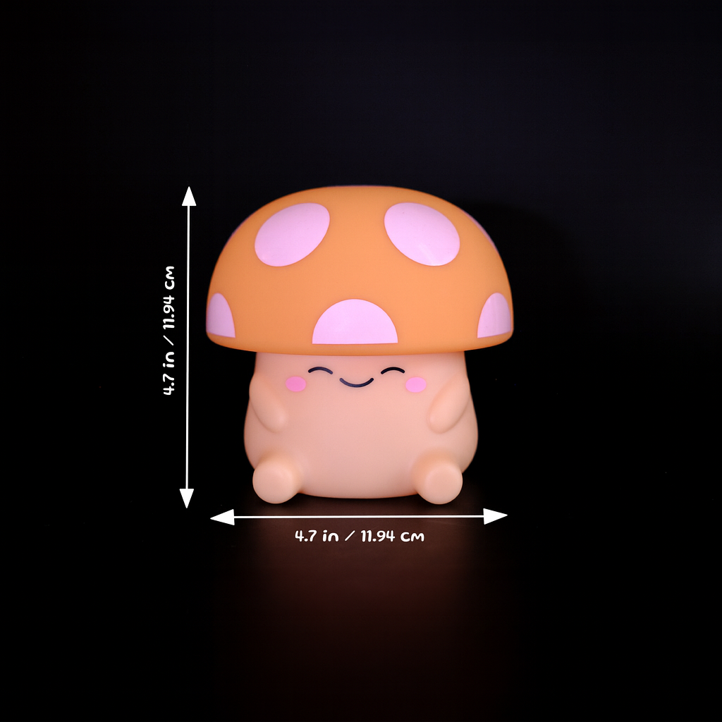 Cute cartoon mushroom figurine with measurements on a black background