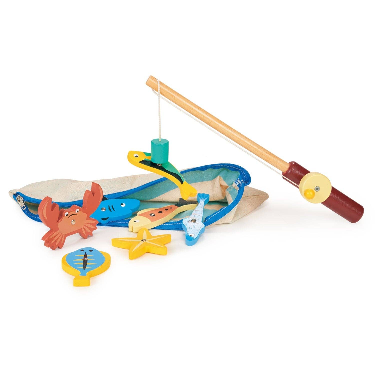 Colorful toy fishing set with boat, fish, and rod on a white background