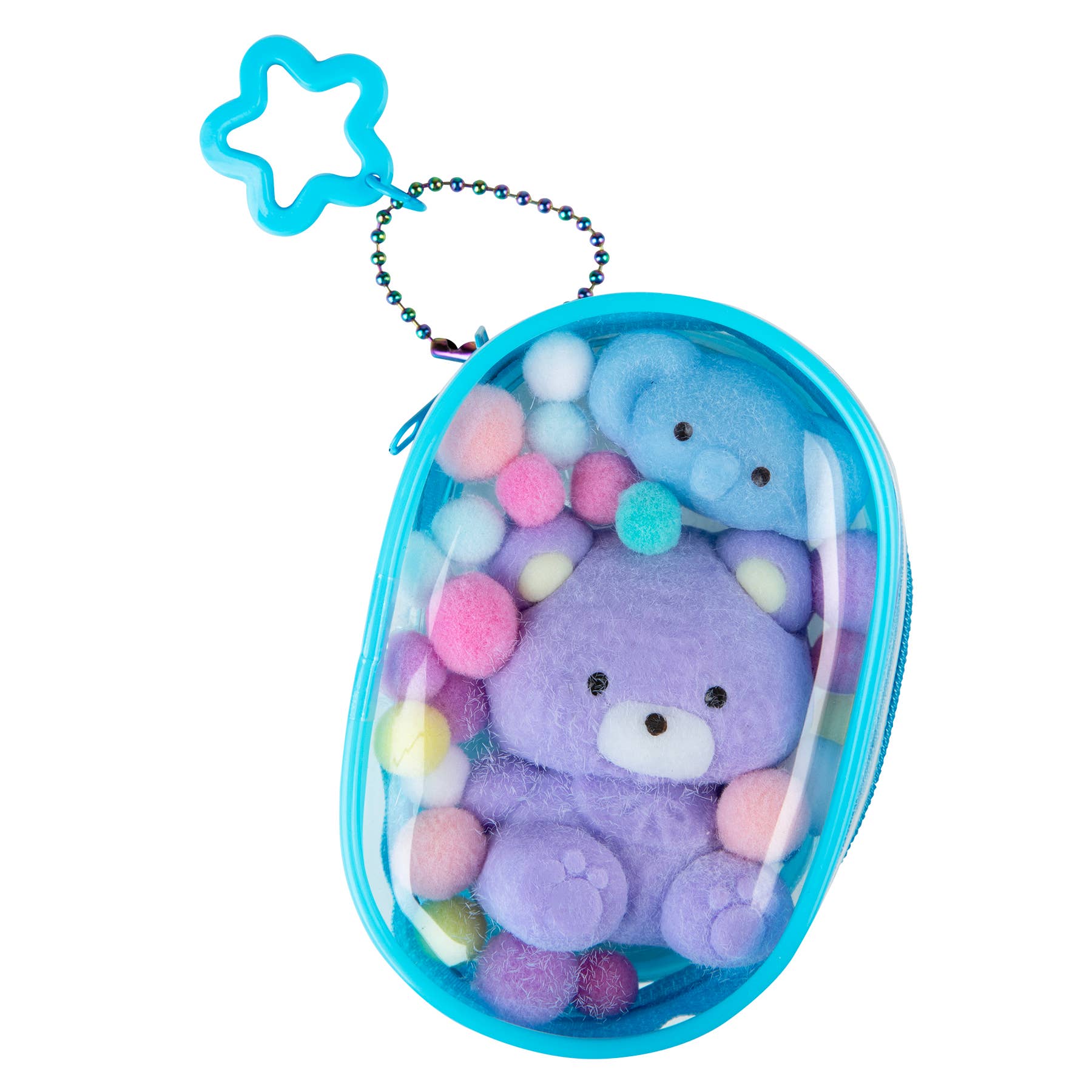 Plush bear toy with colorful pom-poms in a blue container on a white background
