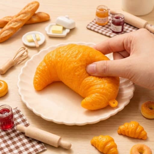 A hand is holding a croissant-shaped novelty item on a white plate, surrounded by miniature breads, a rolling pin, butter, and jam jars on a wooden table.