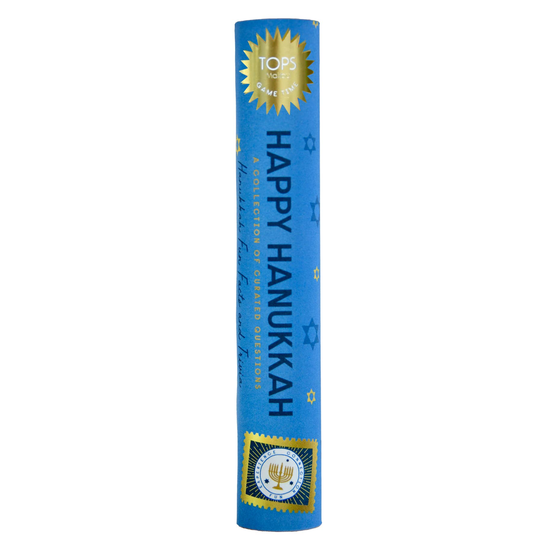Blue cylindrical Hanukkah game with 'Happy Hanukkah' text on a white background
